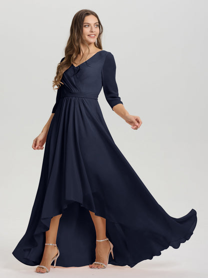 Flowy 3/4 Sleeves V-Neck Asymmetrical High Low Chiffon Bridesmaid Dress