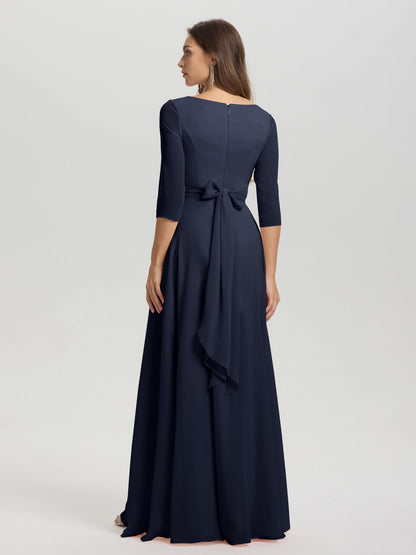 Flowy 3/4 Sleeves V-Neck Asymmetrical High Low Chiffon Bridesmaid Dress