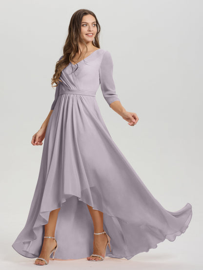 Flowy 3/4 Sleeves V-Neck Asymmetrical High Low Chiffon Bridesmaid Dress
