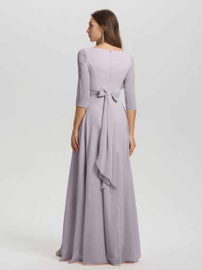 Flowy 3/4 Sleeves V-Neck Asymmetrical High Low Chiffon Bridesmaid Dress