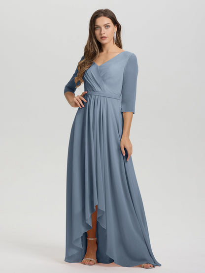 Flowy 3/4 Sleeves V-Neck Asymmetrical High Low Chiffon Bridesmaid Dress