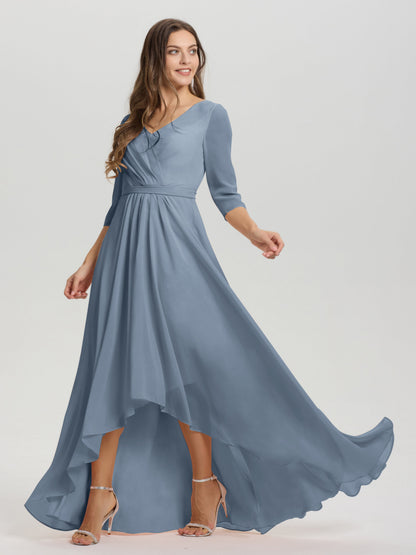 Flowy 3/4 Sleeves V-Neck Asymmetrical High Low Chiffon Bridesmaid Dress
