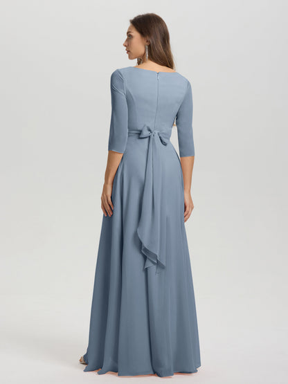Flowy 3/4 Sleeves V-Neck Asymmetrical High Low Chiffon Bridesmaid Dress