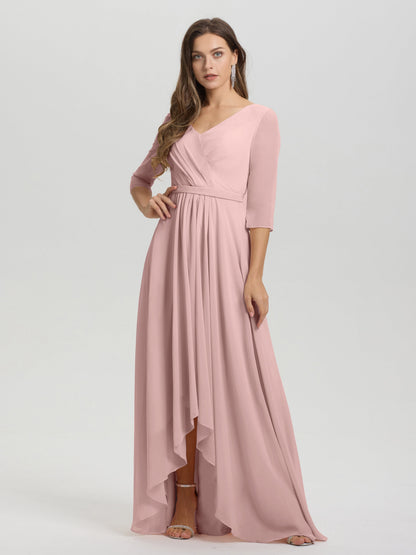Flowy 3/4 Sleeves V-Neck Asymmetrical High Low Chiffon Bridesmaid Dress