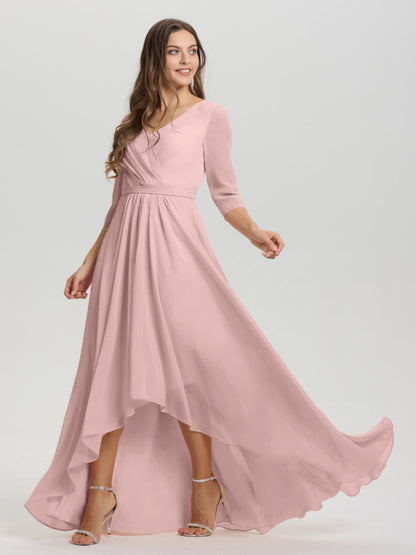 Flowy 3/4 Sleeves V-Neck Asymmetrical High Low Chiffon Bridesmaid Dress