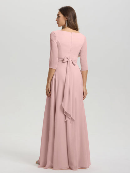 Flowy 3/4 Sleeves V-Neck Asymmetrical High Low Chiffon Bridesmaid Dress