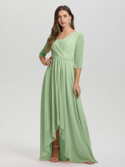 Flowy 3/4 Sleeves V-Neck Asymmetrical High Low Chiffon Bridesmaid Dress