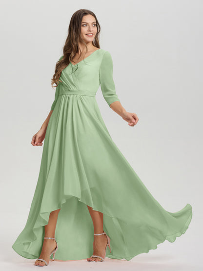 Flowy 3/4 Sleeves V-Neck Asymmetrical High Low Chiffon Bridesmaid Dress