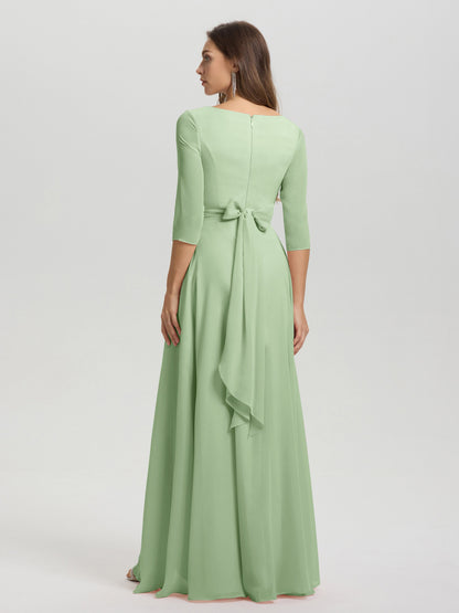 Flowy 3/4 Sleeves V-Neck Asymmetrical High Low Chiffon Bridesmaid Dress