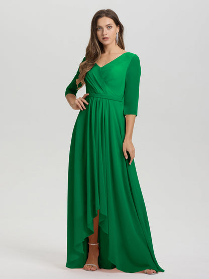 Flowy 3/4 Sleeves V-Neck Asymmetrical High Low Chiffon Bridesmaid Dress