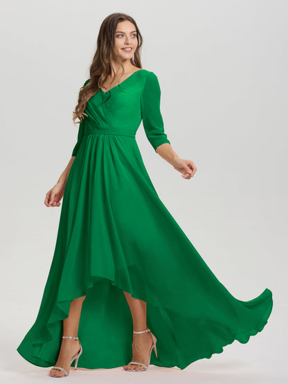 Flowy 3/4 Sleeves V-Neck Asymmetrical High Low Chiffon Bridesmaid Dress