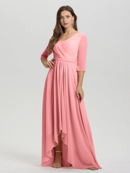 Flowy 3/4 Sleeves V-Neck Asymmetrical High Low Chiffon Bridesmaid Dress