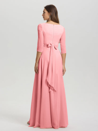 Flowy 3/4 Sleeves V-Neck Asymmetrical High Low Chiffon Bridesmaid Dress