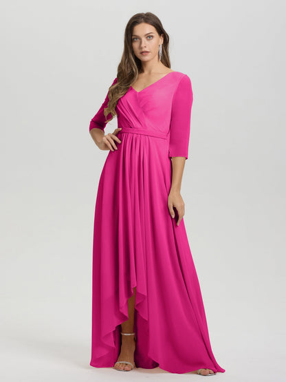 Flowy 3/4 Sleeves V-Neck Asymmetrical High Low Chiffon Bridesmaid Dress