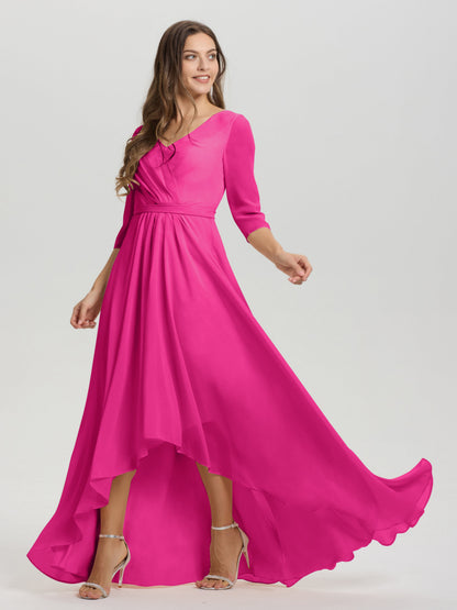 Flowy 3/4 Sleeves V-Neck Asymmetrical High Low Chiffon Bridesmaid Dress