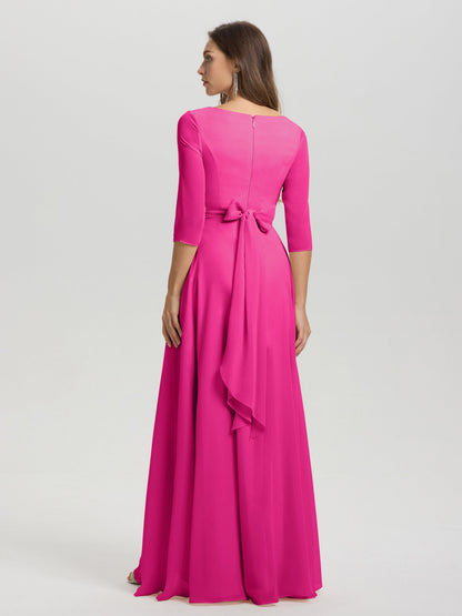 Flowy 3/4 Sleeves V-Neck Asymmetrical High Low Chiffon Bridesmaid Dress