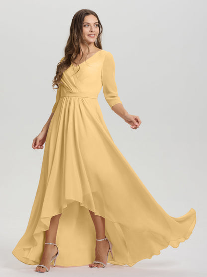 Flowy 3/4 Sleeves V-Neck Asymmetrical High Low Chiffon Bridesmaid Dress
