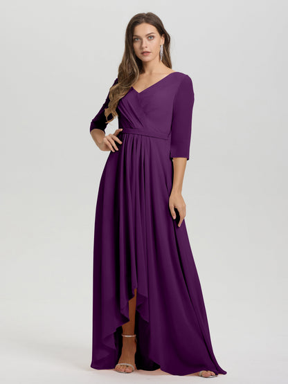 Flowy 3/4 Sleeves V-Neck Asymmetrical High Low Chiffon Bridesmaid Dress