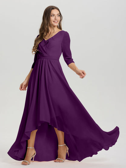 Flowy 3/4 Sleeves V-Neck Asymmetrical High Low Chiffon Bridesmaid Dress