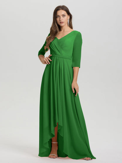 Flowy 3/4 Sleeves V-Neck Asymmetrical High Low Chiffon Bridesmaid Dress