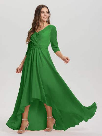 Flowy 3/4 Sleeves V-Neck Asymmetrical High Low Chiffon Bridesmaid Dress