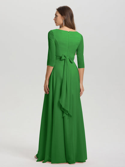 Flowy 3/4 Sleeves V-Neck Asymmetrical High Low Chiffon Bridesmaid Dress