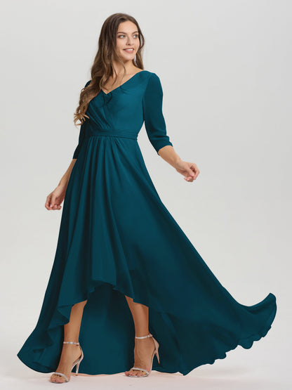 Flowy 3/4 Sleeves V-Neck Asymmetrical High Low Chiffon Bridesmaid Dress