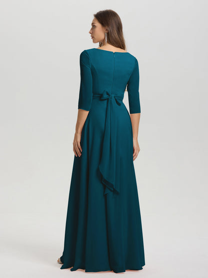 Flowy 3/4 Sleeves V-Neck Asymmetrical High Low Chiffon Bridesmaid Dress