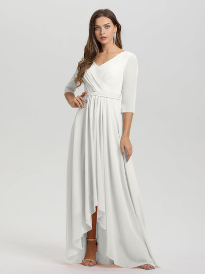 Flowy 3/4 Sleeves V-Neck Asymmetrical High Low Chiffon Bridesmaid Dress