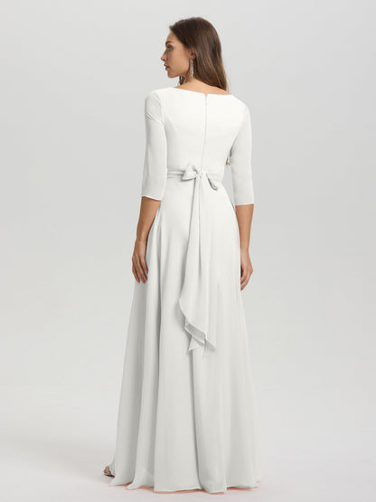 Flowy 3/4 Sleeves V-Neck Asymmetrical High Low Chiffon Bridesmaid Dress