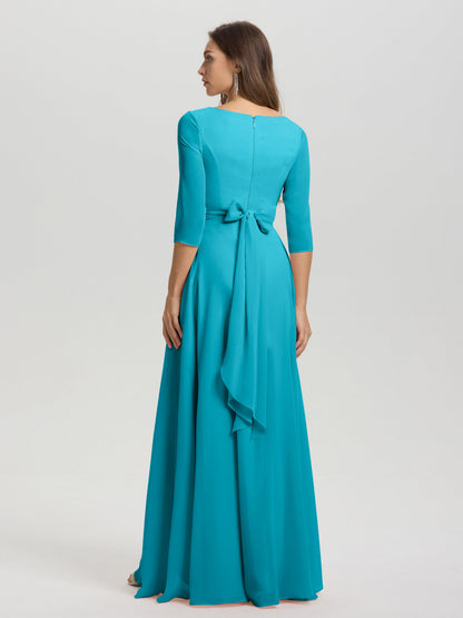 Flowy 3/4 Sleeves V-Neck Asymmetrical High Low Chiffon Bridesmaid Dress