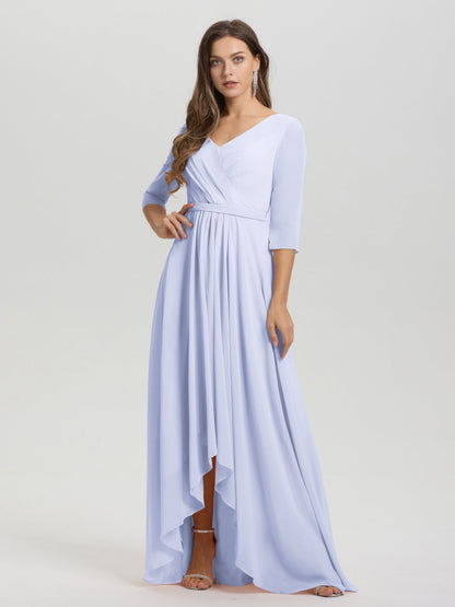 Flowy 3/4 Sleeves V-Neck Asymmetrical High Low Chiffon Bridesmaid Dress