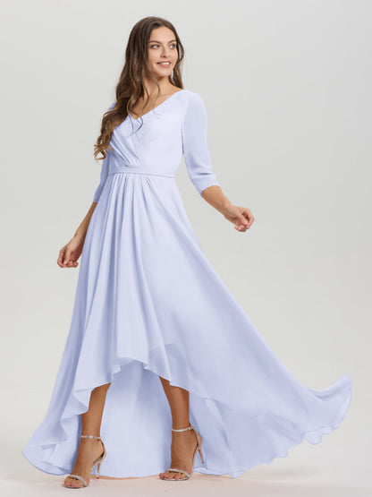 Flowy 3/4 Sleeves V-Neck Asymmetrical High Low Chiffon Bridesmaid Dress