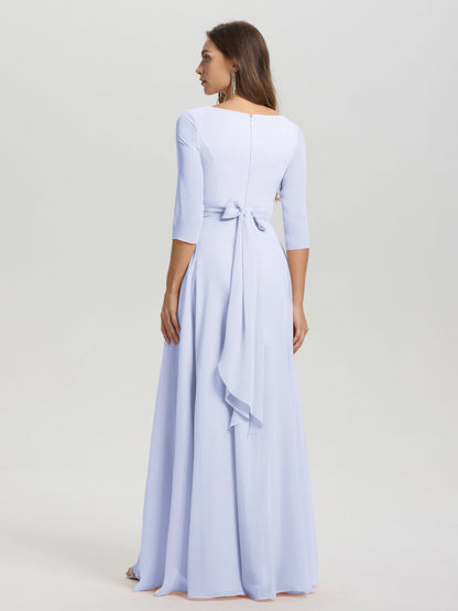 Flowy 3/4 Sleeves V-Neck Asymmetrical High Low Chiffon Bridesmaid Dress