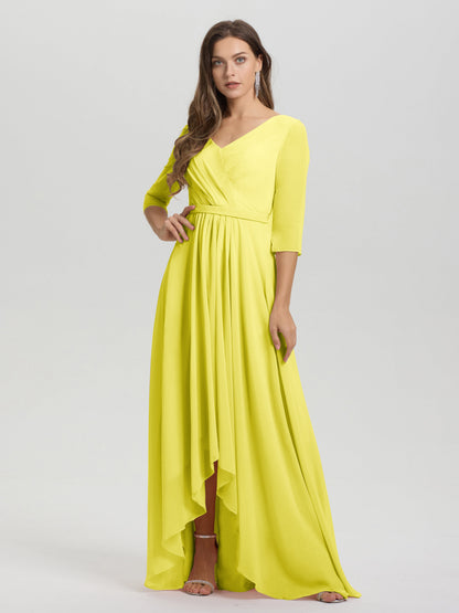 Flowy 3/4 Sleeves V-Neck Asymmetrical High Low Chiffon Bridesmaid Dress