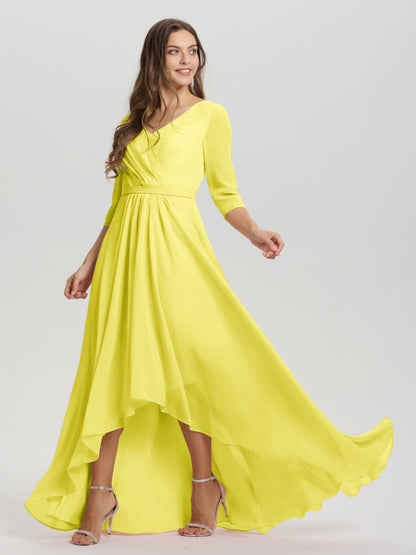 Flowy 3/4 Sleeves V-Neck Asymmetrical High Low Chiffon Bridesmaid Dress