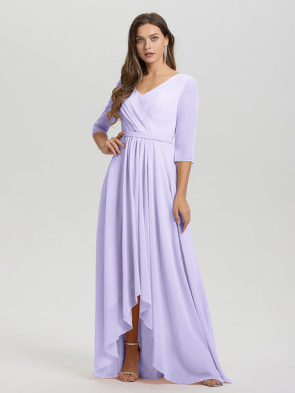 Flowy 3/4 Sleeves V-Neck Asymmetrical High Low Chiffon Bridesmaid Dress