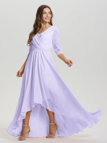 Flowy 3/4 Sleeves V-Neck Asymmetrical High Low Chiffon Bridesmaid Dress