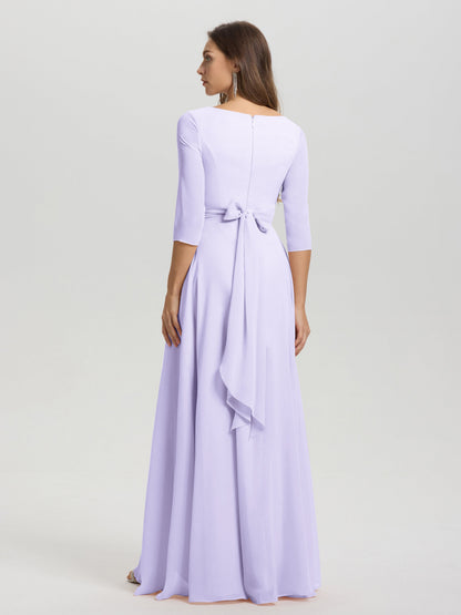 Flowy 3/4 Sleeves V-Neck Asymmetrical High Low Chiffon Bridesmaid Dress