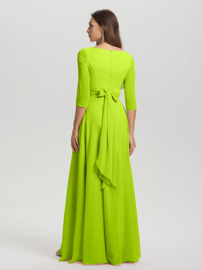 Flowy 3/4 Sleeves V-Neck Asymmetrical High Low Chiffon Bridesmaid Dress