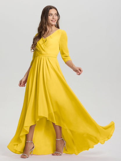 Flowy 3/4 Sleeves V-Neck Asymmetrical High Low Chiffon Bridesmaid Dress