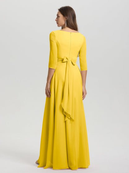 Flowy 3/4 Sleeves V-Neck Asymmetrical High Low Chiffon Bridesmaid Dress