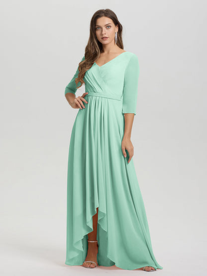 Flowy 3/4 Sleeves V-Neck Asymmetrical High Low Chiffon Bridesmaid Dress
