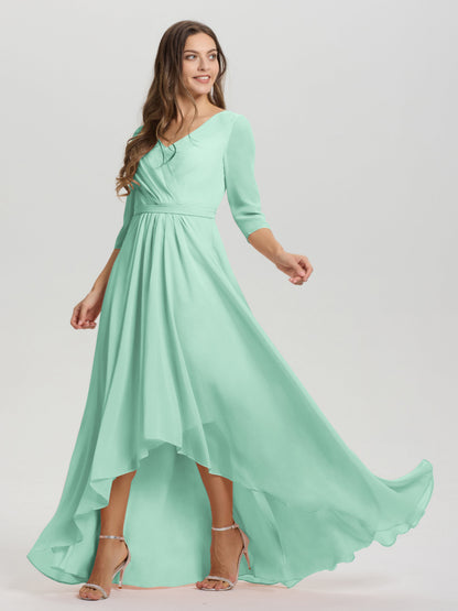 Flowy 3/4 Sleeves V-Neck Asymmetrical High Low Chiffon Bridesmaid Dress