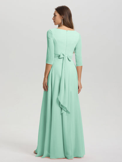 Flowy 3/4 Sleeves V-Neck Asymmetrical High Low Chiffon Bridesmaid Dress