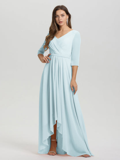 Flowy 3/4 Sleeves V-Neck Asymmetrical High Low Chiffon Bridesmaid Dress