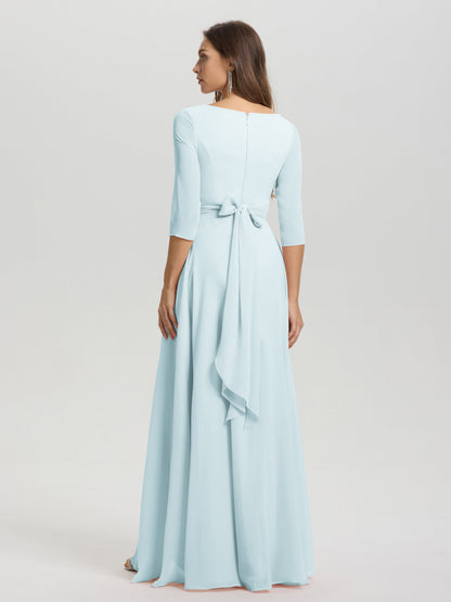 Flowy 3/4 Sleeves V-Neck Asymmetrical High Low Chiffon Bridesmaid Dress