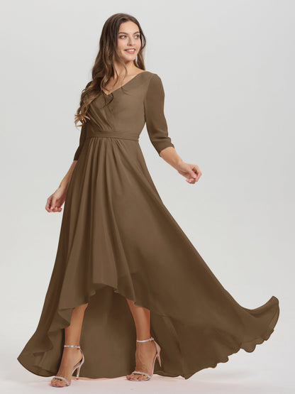 Flowy 3/4 Sleeves V-Neck Asymmetrical High Low Chiffon Bridesmaid Dress
