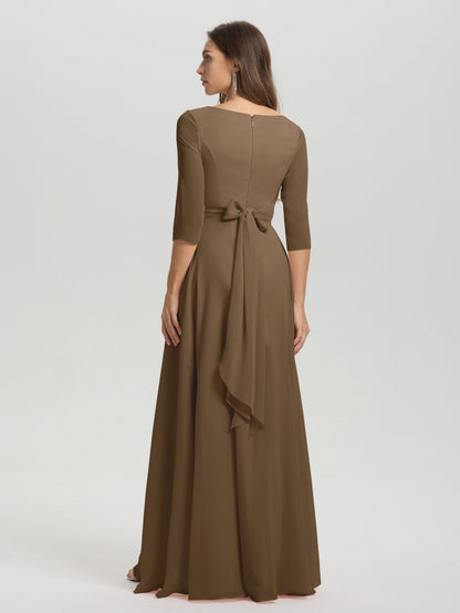 Flowy 3/4 Sleeves V-Neck Asymmetrical High Low Chiffon Bridesmaid Dress