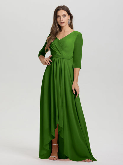 Flowy 3/4 Sleeves V-Neck Asymmetrical High Low Chiffon Bridesmaid Dress